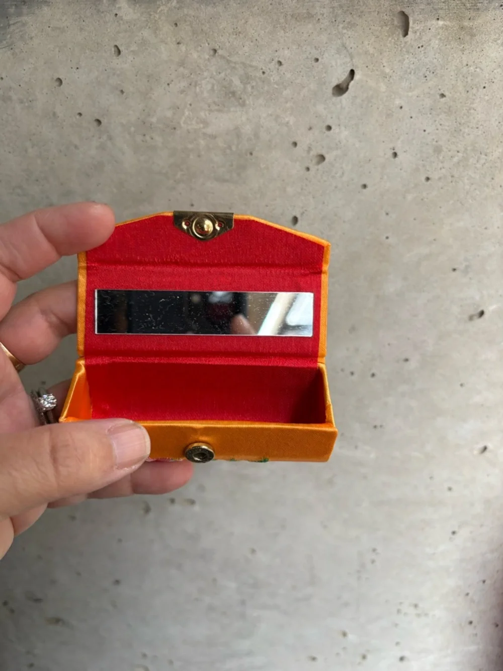 Orange Satin Embroidery Lipstick Case Holder w/ Mirror - Picture 3 of 3